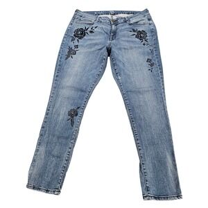 ANA Floral Embroidered Jeggings Size 16 Medium Wash Rhinestone Skinny Jeans Rose